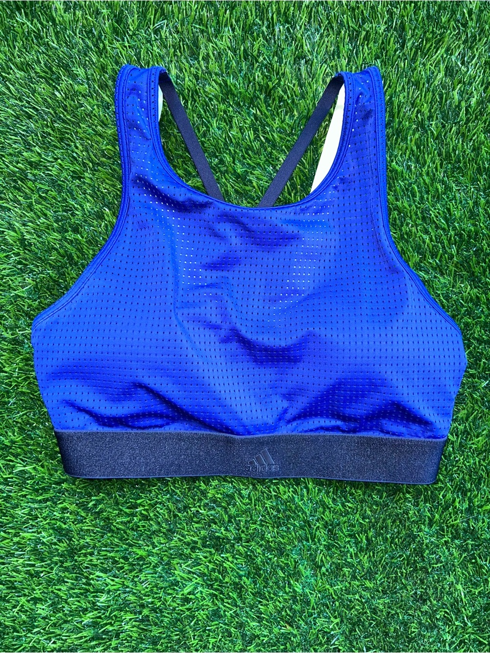 adidas Women's Perforated High-Neck Sports Bra in Blue with Black Band